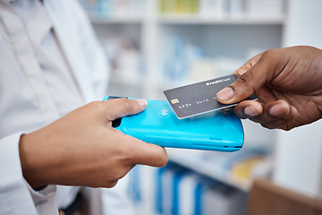 Image showing Credit card, hands and payment tap machine for retail, healthcare and people in pharmacy drug store. Money, technology and shopping for prescription medicine, health insurance and customer buying