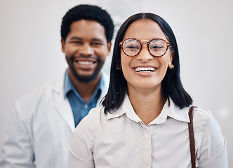 Image showing Doctor, optometry and portrait of optometrist and client with glasses, vision and eyesight after consultation. Woman, black man and healthcare professional with patient for spectacle or eyewear