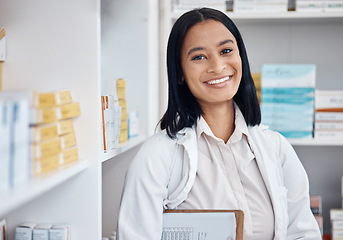 Image showing Pharmacy portrait, product inventory and pharmacist stock take in drugs store, pharmaceutical shop or healthcare dispensary. Retail clinic, pills shelf or happy medical woman with clipboard checklist