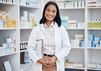 Image showing Pharmacy portrait, product inventory and happy woman stock take in drugs store, pharmaceutical shop or healthcare dispensary. Retail clinic, pills shelf or medical pharmacist with clipboard checklist