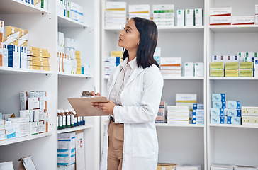 Image showing Pharmacy clipboard, product inventory and woman stock take in drugs store, pharmaceutical shop or healthcare dispensary. Hospital retail clinic, check pills shelf or medical pharmacist with checklist