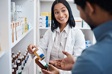 Image showing Pharmacy medicine bottle, customer and woman help man with pills choice, pharmaceuticals decision or product shopping. Healthcare retail shop, drugs store client and pharmacist for medical support