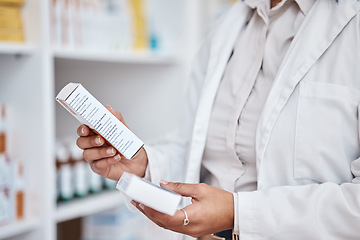 Image showing Pharmacy stock check, hands and inventory of medicine and pills. Pharmacist, work and pharmaceutical products ingredient reading in a retail shop or clinic with healthcare and wellness employee