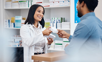 Image showing Pharmacy product, customer and happy woman help man with pills choice, supplements decision or medicine shopping. Hospital retail shop, drugs store client or pharmacist for medical healthcare support