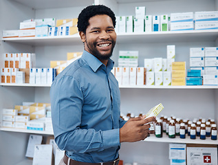 Image showing Pharmacy portrait, customer and man shopping for medicine, supplements product or drugs store pharmaceutical. Retail hospital shop, pills shelf and African client for medical healthcare choice