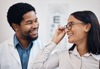 Image showing Optometrist consulting client with glasses, vision and customer services, support and advice on lens frame. Happy black woman with professional person for eyes healthcare, retail help and store test