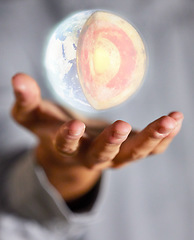 Image showing Globe hologram, earth and hands of woman with 3d digital model for global warming mockup. Science anatomy, holographic planet and futuristic illustration for geography, geology layer and world sphere