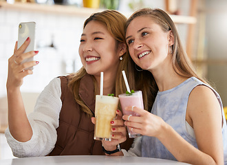 Image showing Selfie, cocktails or friends take profile picture in cafe with happy smile on holiday vacation or weekend. Social media, Asian or young women smiling in restaurant for fun brunch date with drinks