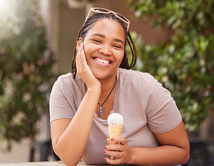 Image showing Black woman with ice cream, happy with dessert and portrait outdoor, travel with freedom and snack with smile. African female, happiness and eating gelato, summer holiday and care free in Italy