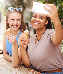 Image showing Friends, ice cream and selfie outdoor with travel, happy with dessert and spending time together on vacation abroad. Social media post, smile in picture and eating gelato, diversity and young female