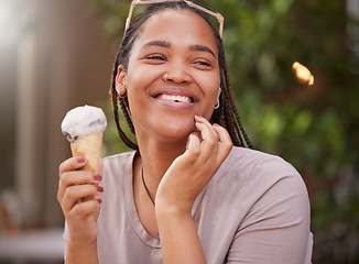 Image showing Black woman with ice cream, smile with dessert outdoor and travel with freedom, snack and happy while on holiday. African female, happiness and eating gelato, summer and care free outside in Italy