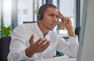 Image showing Confused, stress or frustrated black man in call center angry with 404 error at customer services help desk. Doubt, faq or mad sales consultant with mistakes or problems in a telemarketing company