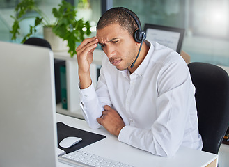 Image showing Headache, tired and call center man fatigue, stress and burnout in online, virtual service or salesman career. Confused, thinking or depressed consultant, professional advisor or telecom agent person