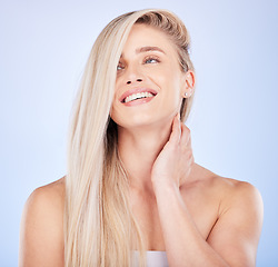 Image showing Hair care, face smile and beauty of woman in studio isolated on a background. Makeup cosmetics, thinking and happy young female model with salon treatment for hairstyle, blonde balayage and growth.