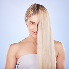 Image showing Face, hair care and beauty portrait of woman in studio isolated on a background. Cosmetics, keratin and happy young female model with salon treatment for long hairstyle, blonde balayage and growth.