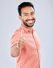 Image showing Thumbs up, thanks and like with portrait of man for vote, well done and promotion for good news. Happy, smile and emoji with guy and positive hand gesture for opinion, agreement and approval