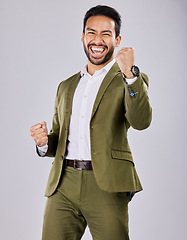 Image showing Businessman, portrait or success fist on isolated studio background in financial growth, stock market deal or finance dance. Smile, happy or cheering asian man in winner hands or profit opportunity