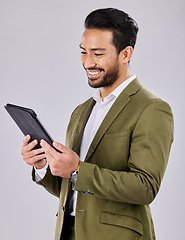 Image showing Asian man, search or digital tablet on isolated studio background for finance app, fintech investment or insurance budget. Smile, happy or businessman on technology for stock market or savings growth