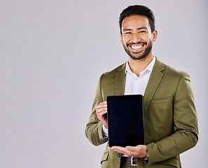 Image showing Asian man, portrait or showing tablet screen on isolated studio background for finance mockup, fintech logo or product placement. Smile, happy or businessman on technology, stock market or loan deal