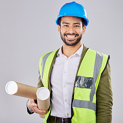 Image showing Portrait, engineering or happy man in studio with blueprint or smile planning a real estate building. Designer, architecture or contractor with vision of renovation business in project management