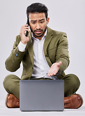 Image showing Businessman stress, phone call or laptop on isolated studio background in finance phishing, investment hacking or stock market loss. Worry, fear or talking corporate man and mobile technology anxiety