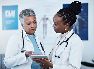 Image showing Team collaboration, tablet and doctors communication on medical research, healthcare study and review digital archive database. Teamwork, hospital clinic ui and nurse partnership on health results