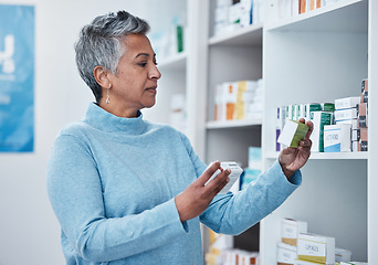 Image showing Senior woman, pharmacy and choice with box, medicine and decision with shopping for healthcare. Elderly customer, retail drugs and pharmaceutical pills for health, wellness and medical store by shelf