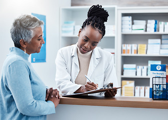 Image showing Pharmacy, healthcare or clipboard with a customer and black woman pharmacist in a dispensary. Medical, insurance and trust with a female medicine professional helping a patient in a drugstore