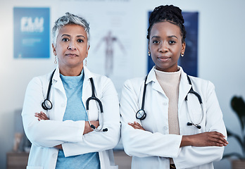 Image showing Portrait, serious and proud doctor team in hospital with vision, goal or mindset for innovation. Faces, diversity and women health experts leading with medical, partnership or determination in clinic