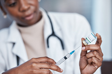 Image showing Monkeypox vaccine, medical needle and doctor nurse with medicine bottle, healthcare vial or booster injection. Disease protection, pharmacy pharmacist and black woman with hospital virus treatment