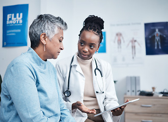 Image showing Black woman, doctor and senior patient with tablet, results and listen for health planning, advice or cancer. African medic, mobile touchscreen and healthcare with trust, tech and support in hospital