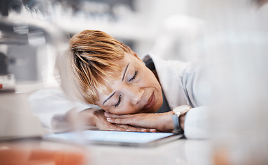 Image showing Scientist sleeping, tired and overwork with woman and burnout with insomnia from overtime. Medical research, scientific innovation and senior female in science, fatigue and overwhelmed in laboratory