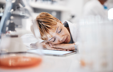 Image showing Scientist sleep, tired and overworked with woman and burnout with insomnia from overtime. Medical research, scientific innovation and senior female in science, fatigue and overwhelmed in laboratory