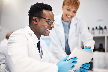 Image showing Science team, research and people with tablet in laboratory for experiment, study and medical results. Healthcare, pharmacy and scientists in discussion with digital tech for vaccine data analysis