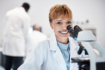 Image showing Woman, medical science and portrait with a microscope in a laboratory for research, analysis and study. Mature scientist person in lab for development, future medicine and biotechnology with a smile