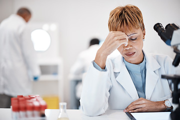 Image showing Scientist with headache, stress and fatigue with woman, overworked with overtime for science breakthrough. Medical research, scientific innovation and senior female, burnout and migraine in lab