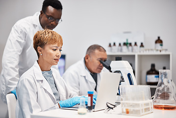 Image showing Science, research and woman with laptop in laboratory for experiment, study and medical report. Healthcare team, biotechnology and scientists on computer for data analysis, analytics and results