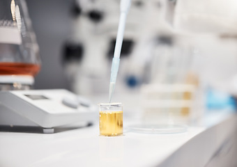Image showing Science, tube and research in lab with liquid, medicine or pharma product on desk for chemical analysis. Innovation, beaker and fluid dropper in laboratory study, pharmaceutical trial or development