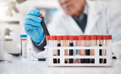 Image showing Blood, test tube and hands of scientist in laboratory with sample for research, medical study and science. Healthcare, pharmaceutical and old man with vial for dna testing, biology and rna analysis