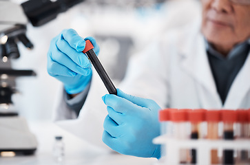 Image showing Blood, test tube and hands of scientist in laboratory with sample for research, medical study and investigation. Healthcare, pharmaceutical and man with vial for dna testing, science and rna analysis