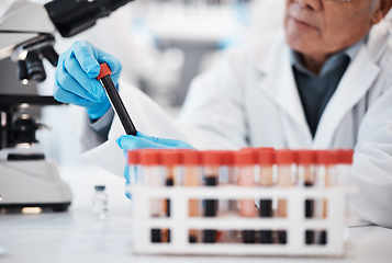 Image showing Blood, science and scientist in laboratory with test tube sample for research, medical study and investigation. Healthcare, pharmaceutical and man with vial for dna testing, biology and rna analysis