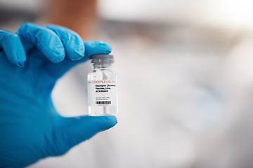 Image showing Hands, mockup and smallpox vaccine in a hospital with a doctor holding a bottle of treatment or cure. Healthcare, medical and research with a medicine professional working in a laboratory