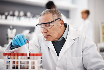 Image showing Blood, science and senior man in laboratory with sample for research, medical study and forensic investigation. Healthcare, pharmaceutical and scientist with vial for dna test, biology and rna exam