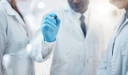 Image showing Closeup, science and team with glass, planning and formulas for new experiment, share ideas and writing in lab. Zoom, staff and male employee with innovation, research and brainstorming in laboratory