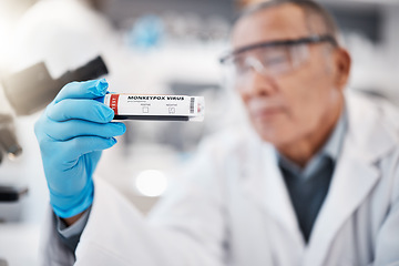 Image showing Test tube, science and scientist in laboratory for monkeypox for research, medical study and vaccine. Healthcare, pharmaceutical and hand with vial for lab test, virus sample and disease breakthrough