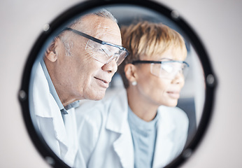 Image showing Science, research and team in laboratory incubator window for experiment, study and medical results. Healthcare mockup, biotechnology and scientists with safety glasses for virus, sample and analysis