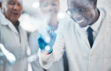 Image showing Science, writing on glass and team in laboratory for experiment, chemistry equation and medical test. Healthcare, biotechnology and scientists meeting, brainstorming and thinking of medicine formula