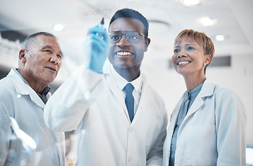 Image showing Science, writing formula and team in laboratory for experiment, chemistry equation and medical research. Healthcare, biotechnology and happy scientists writing on glass, brainstorming and thinking