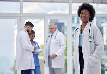 Image showing Black woman, portrait or doctor in hospital leadership, about us or medical collaboration for clinic medicine, trust or life insurance. Smile, happy or healthcare worker in diversity teamwork or help