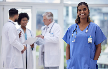 Image showing Woman, portrait or nurse in hospital internship, about us or medical collaboration for medicine treatment, trust or life insurance. Smile, happy or healthcare worker and doctors diversity in teamwork